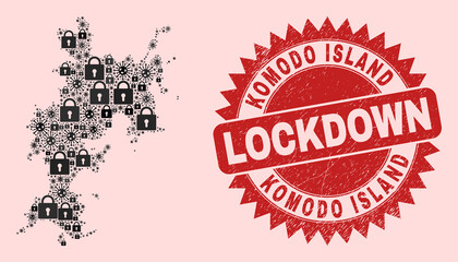 Fototapeta premium Vector Viral lockdown collage Komodo Island map and corroded stamp seal. Lockdown red stamp seal uses sharp rosette form. Collage Komodo Island map is done from SARS virus, and locked items.