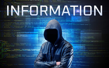 Faceless hacker with INFORMATION inscription on a binary code background