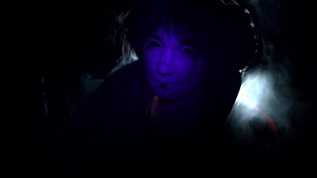 4k Black Background of Geisha Woman Posing with Black Eyes
