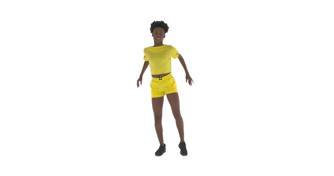 Young african American woman dancing hip hop. Street style concept. Isolated on white background.