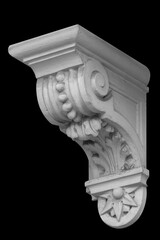 Elements of architectural decorations of buildings, a beam, a bracket under the balcony and a column, plaster patterns and stucco. On the streets in Catalonia, public places. © Kozlik_mozlik