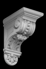 Elements of architectural decorations of buildings, a beam, a bracket under the balcony and a column, plaster patterns and stucco. On the streets in Catalonia, public places. © Kozlik_mozlik