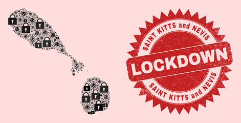 Vector pandemic lockdown collage Saint Kitts and Nevis map and textured stamp print. Lockdown red stamp uses sharp rosette shape. Collage Saint Kitts and Nevis map is made of viral, and lock items.