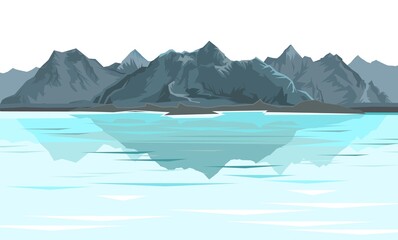 The mountains. Mountain range with cliffs, rocks and peaks. Horizon. Landscape isolsted on white background. Reflection in a lake, bay or sea. The isolated object on a white background. vector