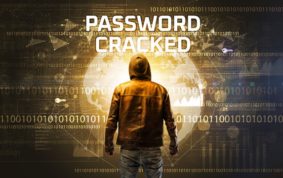 Faceless hacker at work with PASSWORD CRACKED inscription, Computer security concept