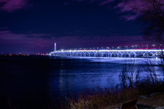 Champlain bridge Montreal at night lit up