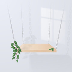 A minimalistic scene with a wooden podium on a white background hanging on chains with leaves. Place for product presentation. Vector illustration.