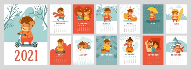 Ox calendar. 2021 bull planner. Kawaii symbol of chinese new year. Cover and 12 monthly pages with cute little cow, buffalo. A4 vector printable template. Cute cartoon style for children.