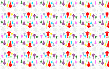 Seamless pattern of several different Christmas trees in color, size and orientation.