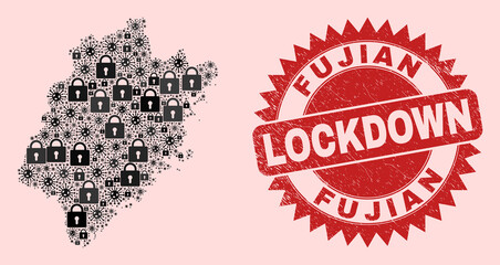Vector Covid lockdown composition Fujian Province map and unclean stamp print. Lockdown red stamp seal uses sharp rosette form. Collage Fujian Province map is designed of virus, and locked icons.