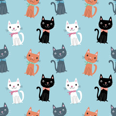 Seamless pattern with hand drawn cute cartoon sitting cats with kerchiev, anime style isolated on blue green background. For kids fabric, wallpaper, wrapping paper, prints. vector eps 10 illustration
