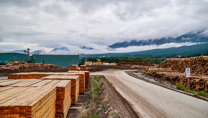 Massive Stacked timber panels outdoor in landscape 