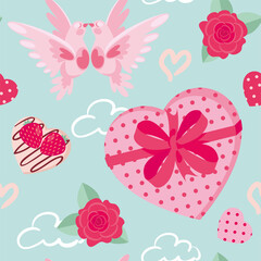 Valenine's day seamless pattern with boxes of chocolates, roses, doves, clouds and hearts. Vector backround, textile print, wallpaper, packaging