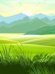 Rural summer landscape. Nice view of the horizon. Fields, meadows and green grassy pastures. Bright sun with rays. Morning beautiful scenery. Vector
