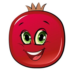 Pomegranate  cheerful smile. Juicy red  fruit with a muzzle. Cartoon style. Isolated over white background. Vector illustration.