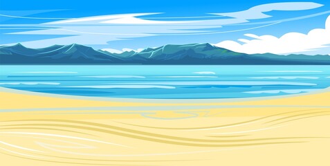 Fototapeta na wymiar Seaside. Surf line. Sea and waves. On the horizon there is a rocky shore. Flat style illustration. Sand beach. Vector