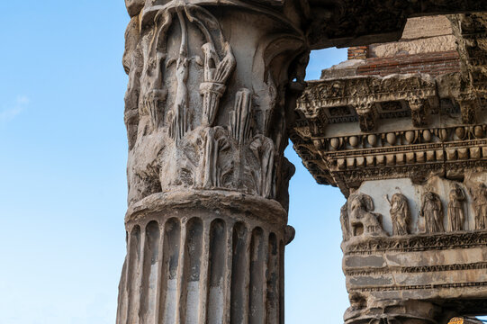 Detail of the ruins of the forum of Nerva, the section of the entablature of the "Colonnade" with the decorations of the capital, in the Roman forum, in the suburra and in the forum of Augustus. Rome.