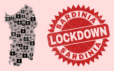 Vector Covid lockdown collage Sardinia map and grunge seal. Lockdown red seal uses sharp rosette form. Collage Sardinia map is constructed from coronavirus, and locked symbols.
