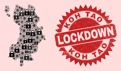 Vector Covid-2019 lockdown combination Koh Tao map and rubber stamp imitation. Lockdown red stamp uses sharp rosette form. Mosaic Koh Tao map is organized from covid- 2019 virus, and locked symbols.