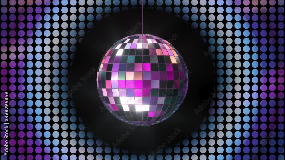 Poster loop rotation of shiny disco ball with neon light background, 3d rendering.