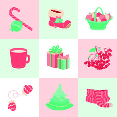 Colour winter objects set. Different winter icons. Christmas icons, christmas holidays celebration. Big collection of Christmas icons. Vecrot illustration
