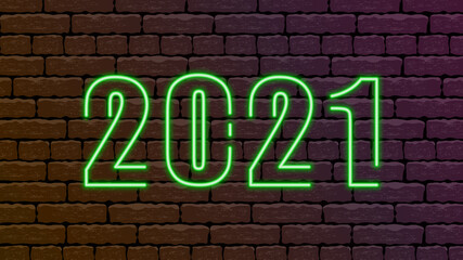 Fototapeta na wymiar 2021 Happy New Year Neon card. Realistic bright neon billboard on brick wall. Concept of holiday banner with glowing text. Vector illustration eps10