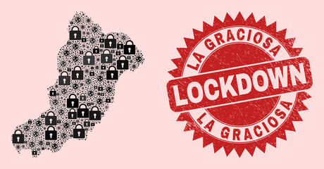 Vector Viral lockdown collage La Graciosa Island map and grunge stamp. Lockdown red imprint uses sharp rosette form. Mosaic La Graciosa Island map is composed with viral, and locked symbols.