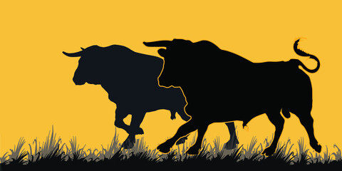 isolated dark silhouettes of two bulls running on grass.set  image for design and decoration