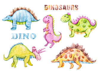 Fototapeta premium Watercolor cute dinosaurs clipart set.Cartoon nursery illustration isolated on a white background. Hand painted illustration for sticker, pattern, baby shower, birthday invitation, poster, sublimation