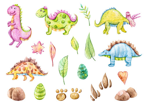 Watercolor cute dinosaurs clipart set.Cartoon nursery illustration isolated on a white background. Hand painted illustration for sticker, pattern, baby shower, birthday invitation, poster, sublimation