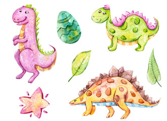 Watercolor cute dinosaurs clipart set.Cartoon nursery illustration isolated on a white background. Hand painted illustration for sticker, pattern, baby shower, birthday invitation, poster, sublimation