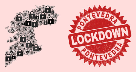 Vector Viral lockdown mosaic Pontevedra Province map and dirty stamp imitation. Lockdown red stamp uses sharp rosette form. Collage Pontevedra Province map is formed with viral, and locked symbols.