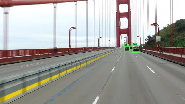 Autonomous car driving through the Golden Gate Bridge in San Francisco. Computer vision with object detection system that creates boxes to recognize the different objects. Artificial intelligence.
