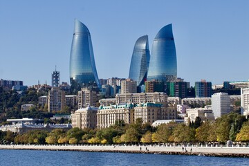 Baku skyline with the flame towers on the background, Azerbaijan 