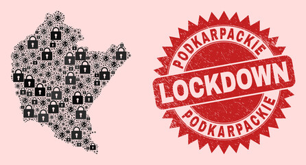 Vector Viral lockdown collage Podkarpackie Voivodeship map and grunge stamp seal. Lockdown red stamp seal uses sharp rosette shape. Collage Podkarpackie Voivodeship map is organized from Covid-2019,