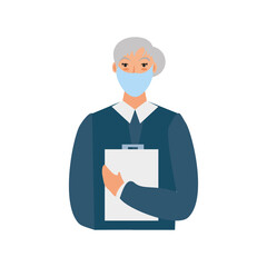 old business woman with mask and clipboard portrait