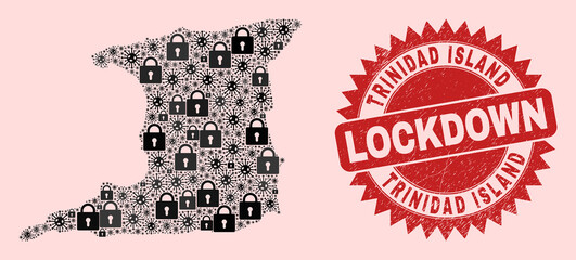 Vector Covid-2019 lockdown mosaic Trinidad Island map and textured stamp imitation. Lockdown red stamp seal uses sharp rosette form. Mosaic Trinidad Island map is composed of Covid, and lock symbols.