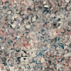 Chic formal grungy geometric shapes texture seamless pattern. High quality illustration. Strange abstract geo design in a trendy posh exotic style. Grainy fabric texture overlay.