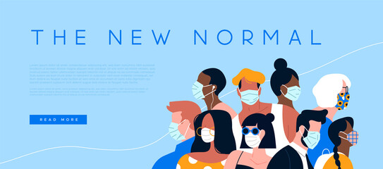 The New Normal landing web page template illustration. Diverse people crowd with face masks for coronavirus information concept or health safety design. Multi ehnic flat cartoon character group.