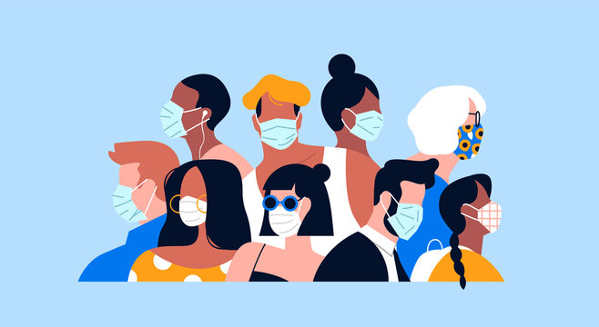 Diverse people crowd with face masks, Multi ehnic flat cartoon character group on isolated background for coronavirus pandemic lifestyle concept or health safety design. 