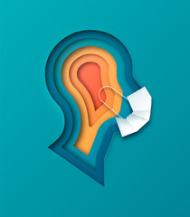 Realistic paper cut layered human head wearing face mask. Colorful papercut man silhouette on isolated background. Illustration topic - corona virus safety, medicine education or pollution concept. 