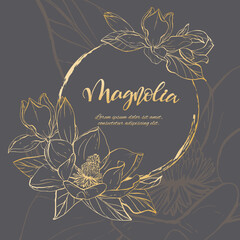 Floral background. Hand drawn vector botanical illustration. Template greeting card, wedding invitation banner with spring flowers. Sketch linear magnolia blossom.Engraved style illustration.