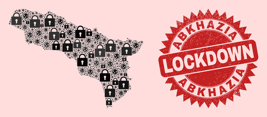 Vector Covid lockdown mosaic Abkhazia map and rubber stamp seal. Lockdown red stamp seal uses sharp rosette form. Mosaic Abkhazia map is constructed of covid, and locked symbols.