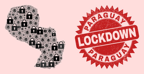 Vector coronavirus lockdown mosaic Paraguay map and unclean stamp seal. Lockdown red stamp seal uses sharp rosette shape. Collage Paraguay map is created from virus, and locked symbols.