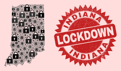 Vector Covid lockdown collage Indiana State map and rubber stamp imitation. Lockdown red stamp seal uses sharp rosette form. Collage Indiana State map is composed of Covid-2019, and locked icons.