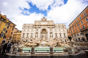 Fototapeta na wymiar Trevi Fountain, Fontana di Trevi in ​​Rome. The Trevi Fountain is the largest Baroque fountain, it is one of the most famous symbols of Rome. Rare shots in lockdown with empty square. 