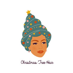 Female face. Young woman with New Year tree decorated with toys, gifts on her head smiles. Vector hand drawn illustration flat style isolated on white background.