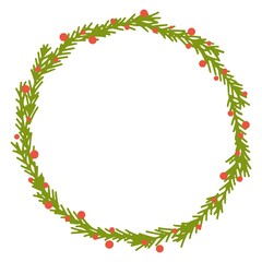 Fototapeta na wymiar Christmas wreath made of fir branches. Hand drawn vector illustration. Red berries, balls, holly. New Year