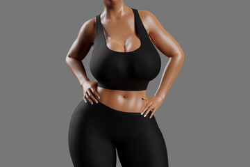 Young slim woman with big breasts in black sportswear