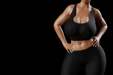 Naklejka premium Young slim woman with big breasts in black sportswear